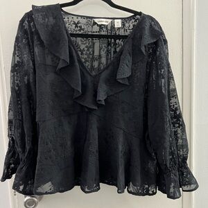 Lands' End Black Lace Ruffle V-Neck Blouse